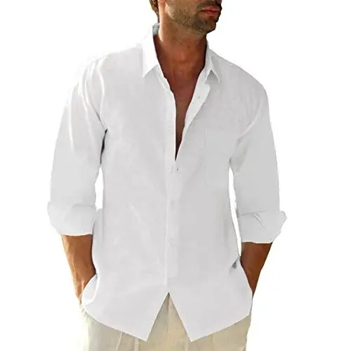 Produktbild: Friptspyg Leinenhemd Herren Langarm Baumwolle Leinen Hemd Herren Freizeithemden Casual Regular Fit Sommerhemd mit Tasche, Weiß L