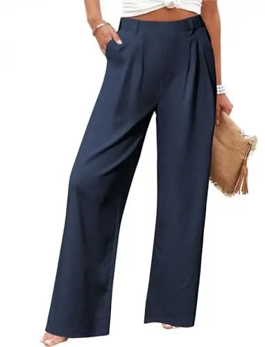 Produktbild: Friptspyg Palazzo Hose Freizeithose Damen Sommer Hohe Taille Palazzo Elastische Freizeithose mit Taschen,Dunkelblau L