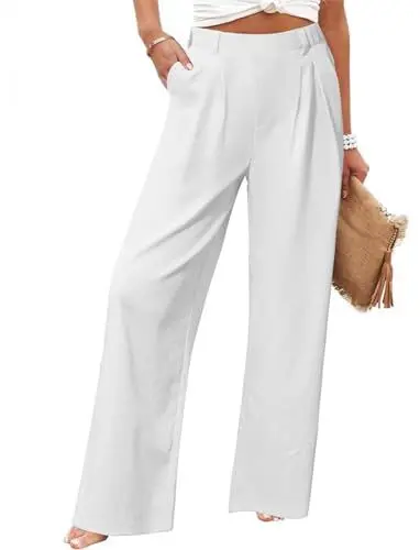 Produktbild: Friptspyg Palazzo Hose Freizeithose Damen Sommer Hohe Taille Palazzo Elastische Freizeithose mit Taschen,Weiß L