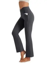 Produktbild: Friptspyg Yogahose Damen Bootcut Schlaghose Fitness Sporthose V-Form High Waist mit Taschen Freizeithose Gym Workout Jogging Trainingshose, Dunkelgrau M