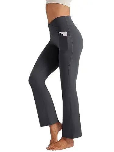 Produktbild: Friptspyg Yogahose Damen Bootcut Schlaghose Fitness Sporthose V-Form High Waist mit Taschen Freizeithose Gym Workout Jogging Trainingshose, Dunkelgrau M