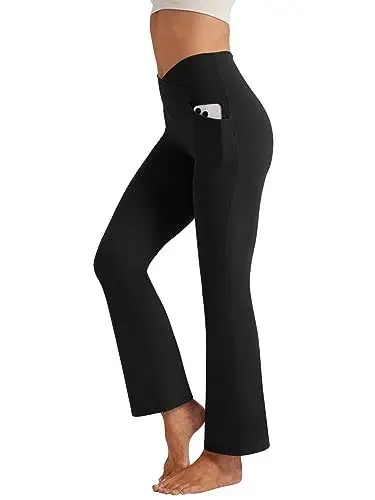 Produktbild: Friptspyg Yogahose Damen Bootcut Schlaghose Fitness Sporthose V-Form High Waist mit Taschen Freizeithose Gym Workout Jogging Trainingshose, Schwarz S