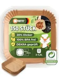 Produktbild: FRITTI Backpapier für Heißluftfritteuse 150 Stück DEKRA geprüft 16-20 cm quadratisch Heissluftfritteuse Zubehör Papier für Airfryer 2-5L