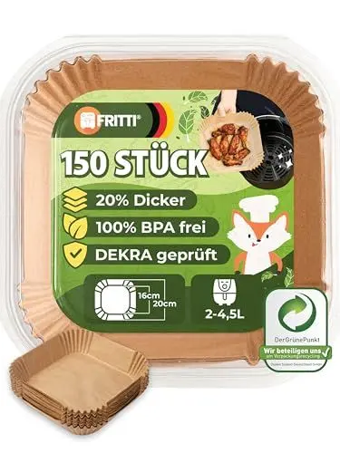 Produktbild: FRITTI Backpapier für Heißluftfritteuse 150 Stück DEKRA geprüft 16-20 cm quadratisch Heissluftfritteuse Zubehör Papier für Airfryer 2-5L