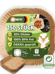 Produktbild: FRITTI Backpapier für Heißluftfritteuse 150 Stück DEKRA geprüft 20-25 cm quadratisch XL Heissluftfritteuse Zubehör Papier für Airfryer 4,5-8L