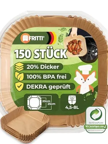 Produktbild: FRITTI Backpapier für Heißluftfritteuse 150 Stück DEKRA geprüft 20-25 cm quadratisch XL Heissluftfritteuse Zubehör Papier für Airfryer 4,5-8L