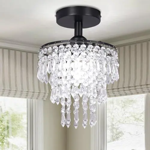 Produktbild: FRIXCHUR Mini Größe Kristall Kronleuchter Moderne Unterputz Deckenleuchte 3-Stufen Regentropfen Kristall Anhänger Beleuchtung Dekoration für Schlafzimmer Flur Wohnzimmer, E27 Basis, Black