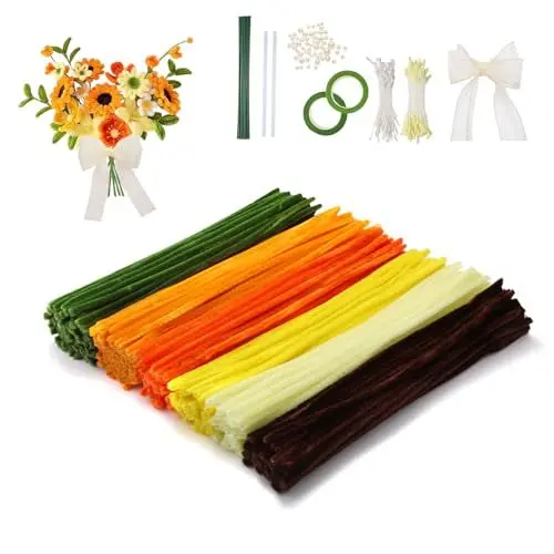 Produktbild: FRKOKRFA Pfeifenreiniger Blumen Set, 400 Stück Pfeifenputzer, Bouquet Pfeifenreiniger Set für DIY Basteln Blumen Dekorieren, Gelb