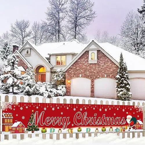 Produktbild: Frohe Weihnachten Banner Outdoor Weihnachten Lange Banner Blau Merry Christmas Banner mit Weihnachtsbaum Schneemann Elch Große Hängend Schild Banner Xmas Neujahr Party Deko Wand Garten Haus, 210x40 cm