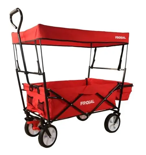 Produktbild: FROSAL Bollerwagen Max faltbar mit Sonnendach & Bremse Handwagen klappbar rot Transportwagen