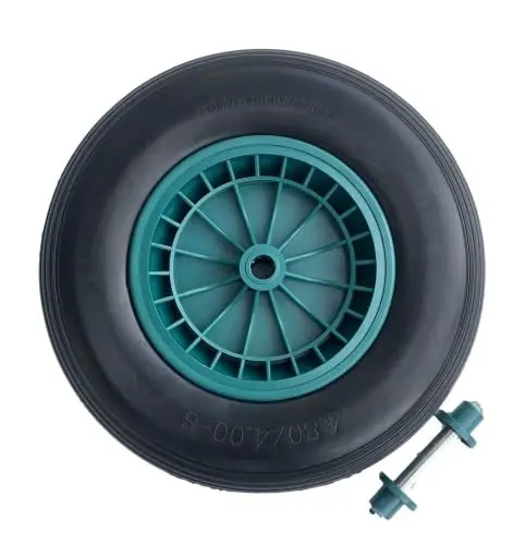 Produktbild: FROSAL PU Schubkarrenrad pannensicher 400 mm inkl. Achse | Vollgummi | Rad Schubkarre | Ersatzrad 4.80/4.00-8 Kunststoff-Felge grün | Reifen 100 mm Breite