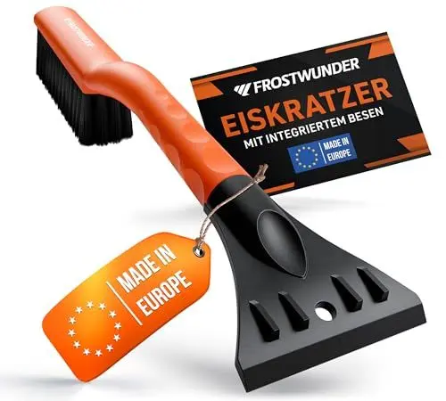 Produktbild: FROSTWUNDER Eiskratzer Auto mit Besen (Made in Europe) - 41cm Profi Schneebesen Auto mit schonenden Borsten - Leicht verstaubarer Scheibenkratzer Auto Schneebesen - Langlebiger Eiskratzer mit Besen