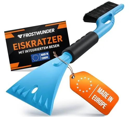 Produktbild: FROSTWUNDER Eiskratzer Auto mit Besen (Made in Europe) - 59cm Profi Schneebesen Auto mit schonenden Borsten - Leicht verstaubarer Scheibenkratzer Auto Schneebesen - Langlebiger Eiskratzer mit Besen