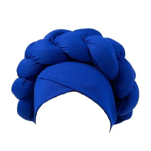 Produktbild: Frottee Shirt Boho geflochtene Turban-Mütze, afrikanische Turbane für Frauen, Kopfbedeckungen für Schwarze Frauen, geflochtene seidige Turban-Hüte Schweißband Stirn Frottee (Blue, One Size)