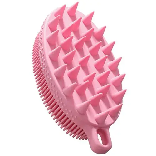 Produktbild: FRRETECH 2-seitige Silikon-Körperbürste zur Haut und Haarreinigung, 2-in-1-Badedusche Körperwäscher und Shampoo Bürste, Kopfmassagegerät, Peeling, Schäumt Gut, Einfach zu Reinigen, Langlebig, Rosa