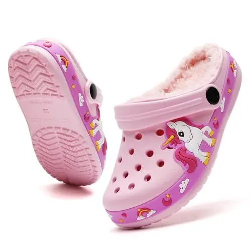 Produktbild: FRTUBOP Kinder Winter Lined Clogs Mädchen Jungen Warme Gefüttert Hausschuhe rutschfeste Pantoffeln Gartenschuhe Licht Slipper Indoor Outdoor Rot 27