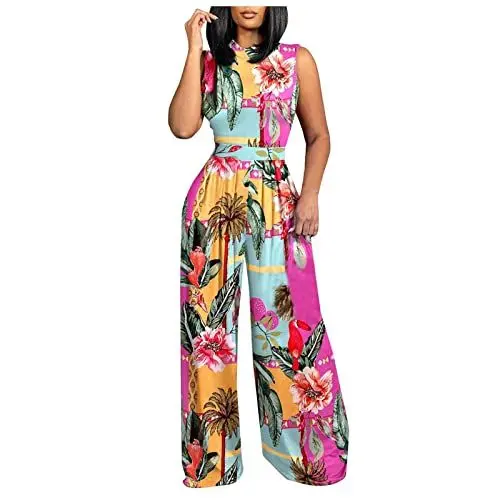 Produktbild: Frühe 2023 Lässige Damen Blumenprint Jumpsuit Soft Lauschig Sport Lange Mit Tasche Lässige Damen Romantik Straight Dünne Sommer Low Himmelblau