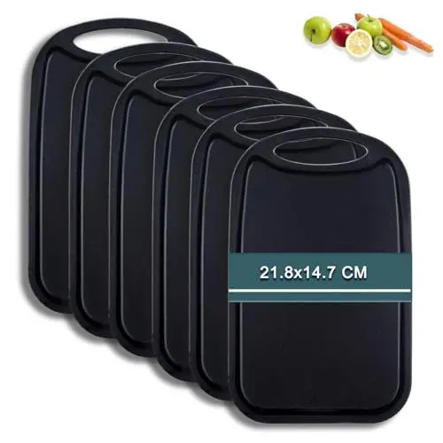 Produktbild: Frühstücksbrettchen 6er Set mit Saftrille，Hunnycook 22x15 cm Antibakteriell Schneidebrett Kunststoff rutschfest BPA frei, Kleines schwarzes Frühstücksbrettchen Kunststoff, Spülmaschinenfest
