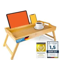 Produktbild: Frühstückstablett Bambus Bett-Tablett Serviertablett Betttisch mit klappbaren Beinen - auch als Lapdesk, Notebook-Tisch verwendbar (Deluxe)