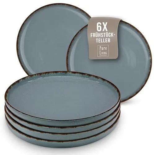 Produktbild: Steingut Frühstücksteller 6 Pers. Rustic Hochwertiges Landhausstil TEST SEHR GUT Dessertteller Set - Kuchenteller spülmaschinen- und kratzfest - Kleine Teller, Salatteller Pure Living in Rauchblau