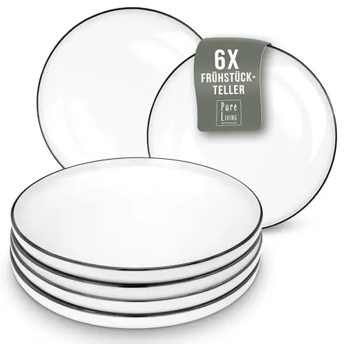 Produktbild: Frühstücksteller, Dessertteller Scandi Porzellan - Kuchenteller 6er Set, Skandinavisches Design, Spülmaschinenfest - weiß 6 Personen - Kleine, flache Teller - Pure Living Geschirr Set
