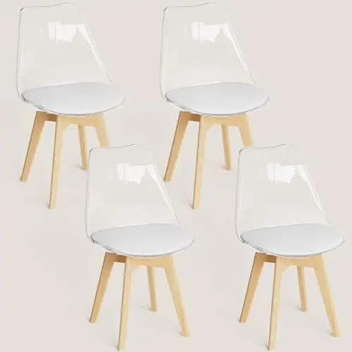 Produktbild: FRUOGO Esszimmerstühle 4er Set mit transparenter Rückenlehne und Massivholzbeine aus Buche,küchenstühle Polsterstuhl Stühle mit weißem bequemem Sitzkissen für Esszimmer Küche Wohnzimmer Schlafzimmer