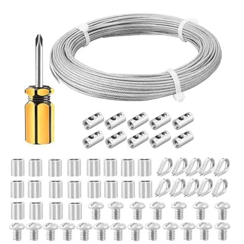 Produktbild: FSHIHINE 2mm Gartendrahtseil Stahlseil, PVC-ummantelt Rankhilfe Seil 304 Edelstahl Bilderaufhängungsdraht 30m mit Kabelkauschen, Crimphülsen,Drahtseilklemmen, für hängende Außenleuchten,Zaun,Geländer