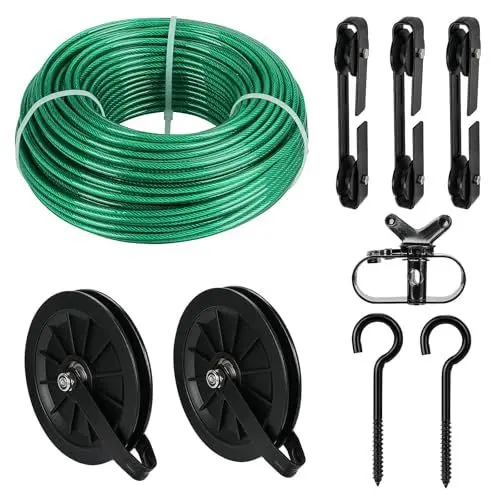 Produktbild: fshihine 45M Wäscheleine Riemenscheibe Set, 5mm Grünes PVC Ummantelt Drahtseil mit 6,3 Zoll Nylon Umlenkrollen, M8 Schraubhaken, Spreizer Wäscheleine, Wetterfest für Outdoor Wäsche Trockenschnur