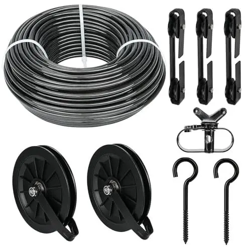 Produktbild: fshihine 45m Wäscheleine Riemenscheibe Set, 4,5mm Schwarz PVC Ummantelt Drahtseil mit 16cm Nylon Umlenkrollen, M8 Schraubhaken, Spreizer Wäscheleine, Wetterfest für Outdoor Wäsche Trockenschnur