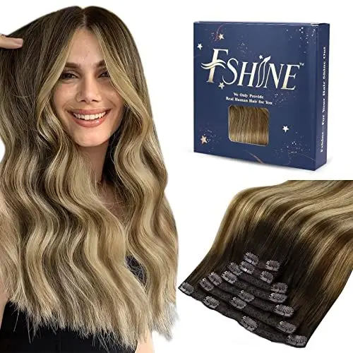 Produktbild: Fshine Clip Extensions Echthaar Günstig 35cm Haarverlängerung Echthaar Clip in Extensions Balayage Mittelbraun mit Platinblond 120g 7 Stücke Farbe 2 3 27