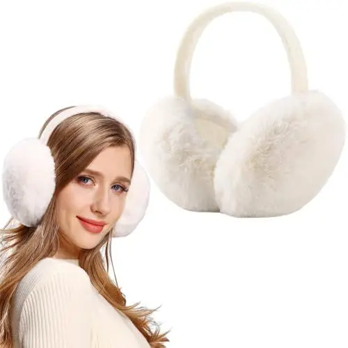 Produktbild: FSMILING Ohrenwärmer Damen Weiß Ohrenschützer Damen Verstellbar Plüsch Ohrenwärmer Weiß Fell Winter Ohrenschützer Für Damen Frauen
