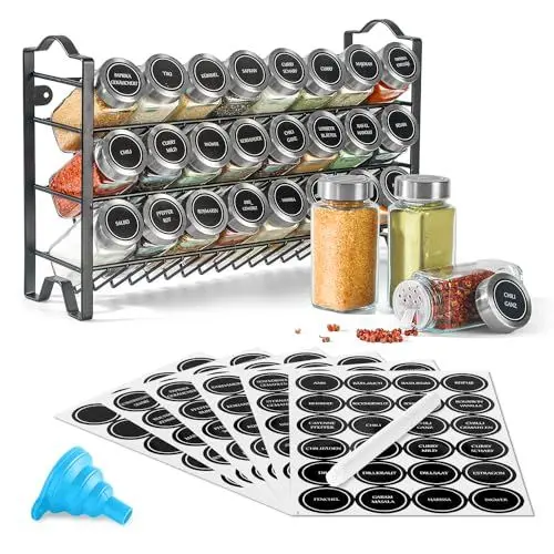 Produktbild: FSXEU Gewürzregal & Gläser,Gewürzgläser mit Regal,gewürz organizer,24 Gläser - 144 Sticker -1 Trichter + Stift + Schrauben zum Hängen