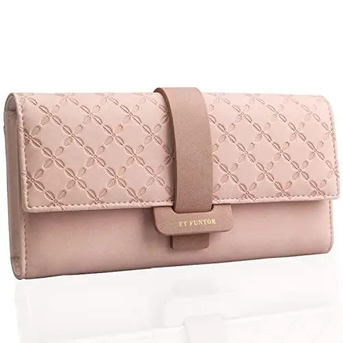 Produktbild: FT FUNTOR Damen Geldbörse,Veganes Leder Vierblättriges Kleeblatt Damen Geldbörse RFID-Blockierung Kupplung Handtasche Lange Damen-Geldbörse mit Mehreren Kartenfächern (L-Hellrosa)