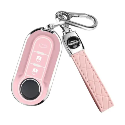 Produktbild: FT FUNTOR für FIAT Schlüsselanhänger Abdeckung, 3-Knopf Silikon Schlüsselanhänger, 360 Grad Autoschlüssel Case Schutz mit Schlüsselanhänger Kompatibel mit 500L/Brava/Bravo/Doblo/Ducato (Rosa)