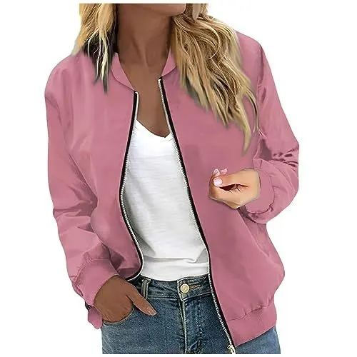 Produktbild: FTRGHNY übergangsjacke damen pink,Bomberjacke Damen Leichte DüNne üBergangsjacke Sommer ReißVerschluss Kurz Pilotenjacke Blouson Langarm Fliegerjacke College Jacke MäDchen