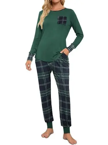 Produktbild: Fuakesor Damen Schlafanzug Lang Pyjama Set Herbst Winter Nachtwäsche Zweiteiliger Sleepwear Soft Loungewear Hausanzug mit Karierte Hose (Grün, Large)