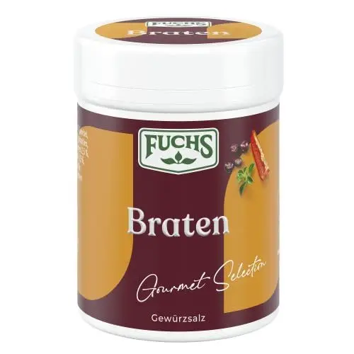 Produktbild: Fuchs Gourmet Selection Klassisch/Heimisch – Braten Gewürzsalz, nachfüllbares Braten Gewürzsalz, Salz zum Würzen von Braten, Saucen und Co, Vegan, 85g