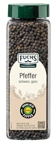 Produktbild: Fuchs Professional - Pfeffer schwarz ganz, Ungemahlener Pfeffer zum Mörsern oder für die Pfeffermühle geeignet, Mit praktischem Streuaufsatz, 500 g im großen Streuer