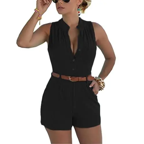 Produktbild: Fudaolee Jumpsuits Damen Sommer Kurz Playsuit V-Ausschnitt Bequem Strand Spielanzug Elegant Einteiler Overalls Hose Elastische Taille L, Schwarz