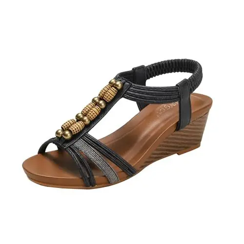 Produktbild: Fudaolee Sandalen Damen Sandaletten mit Keilabsatz Sommer Sandalen Frauen Elegant Bohemia Keilsandalen Damen Strandsandalen Plateau Sommerschuhe Freizeit Strandschuhe Schwarz 38 EU=39 CN