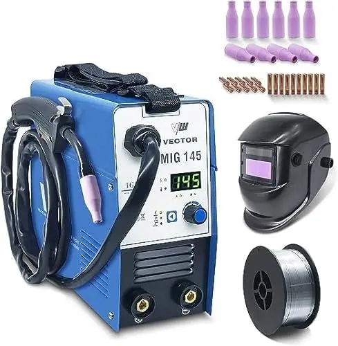 Produktbild: VECTOR WELDING Fülldraht Schweißgerät ohne Gas - Schweißgerät SET MIG MAG mit Schweißhelm Fülldraht & Zubehör | MIG 145A & Elektrodenschweißfunktion - Auto. Drahtvorschub - Inverter