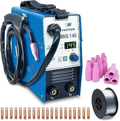 Produktbild: Fülldraht Schweißgerät ohne Gas - SET 35-teilig - Drahtschweißgerät mit 145 Amp & Elektrodenschweißfunktion - Auto. Drahtvorschub - Inverter - MIG-MAG-Verschleißteile-SET - 1 Kg NoGas - VECTOR WELDING