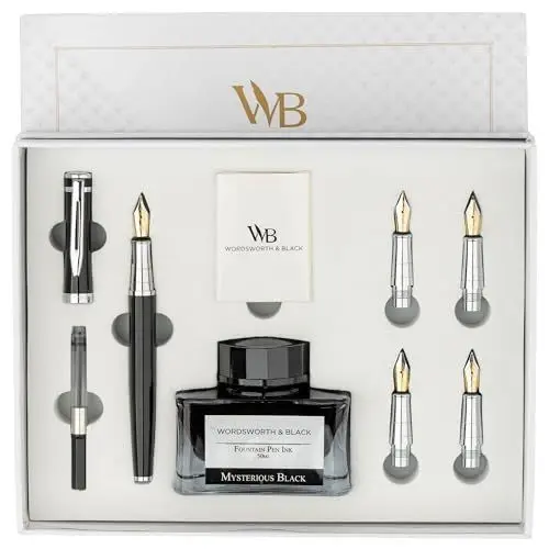 Produktbild: Füllfederhalter Geschenkset, inklusive Tintenflasche, 6 Tintenpatronen, Tinten-Nachfüllkonverter, 5 Ersatzspitzen, Premium-Paket, Journaling, Kalligraphie, glattes Schreiben Stifte (Schwarz Chrom)