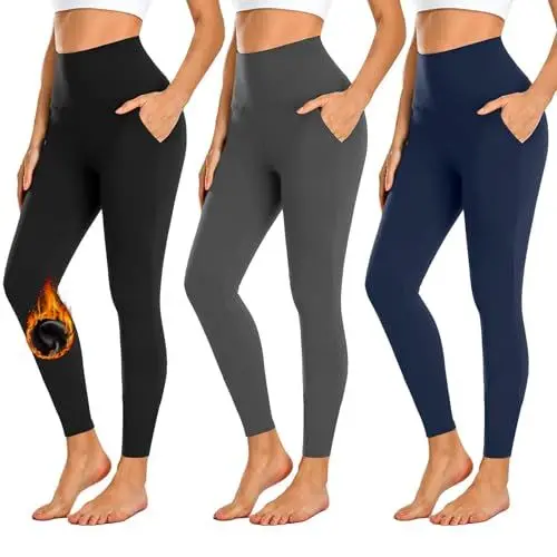 Produktbild: FuelMeFoot 3er Pack Thermo Leggings mit Taschen gefüttert Leggings Damen High Waist Leggins Warm Winter. 02-Schwarz/Dunkelgrau/Navy L/XL