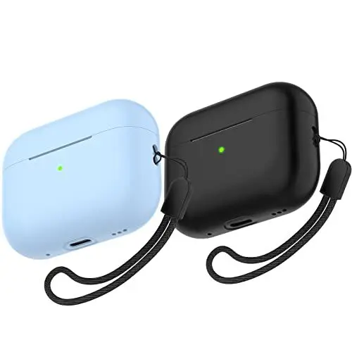 Produktbild: Für AirPods Pro 2 Hülle, Nemteur Apple Pro 2nd Generation Slim Silicone Case Cover, Front LED sichtbar, Skin Full Protective Case mit AirPods Pro 2 2022 Charging Case with Lanyard - Hellblau/Schwarz