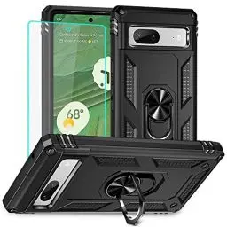 Produktbild: Für Google Pixel 7A Hülle Mit HD-Bildschirmschutzfolie, Stoßfest Schutzhülle Mit Ring Standfunktion Case Cover (Schwarz)
