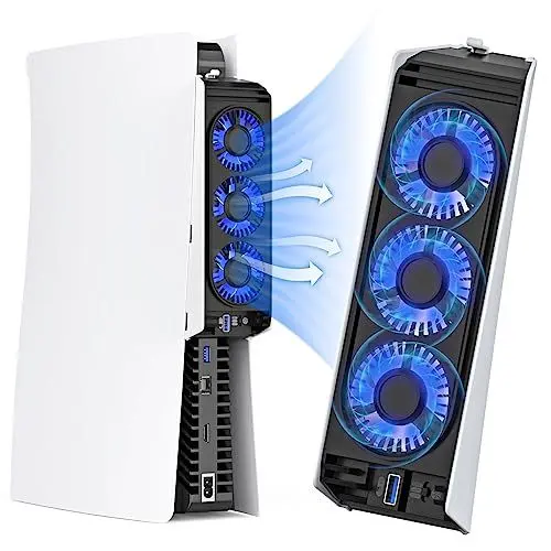 Produktbild: HUIJUTCHEN Lüfter für PS5, Leise PS5 Kühler PS5 Externer Kühler Hinten mit LED-Licht Geräuscharm Kühlgebläse für PS5 mit 2 Einstellbare Gebläsestufen und Controller USB Anschluss(weiß)