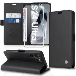 Produktbild: für Samsung Galaxy S24 Ultra Hülle mit S24 Ultra Schutzfolie Leder Klapphülle Handyhülle Samsung S24 Ultra Hülle Ständer Kartenfach Flip Case Klappbar Schutzhülle für Samsung S24 Ultra 5G (Black)