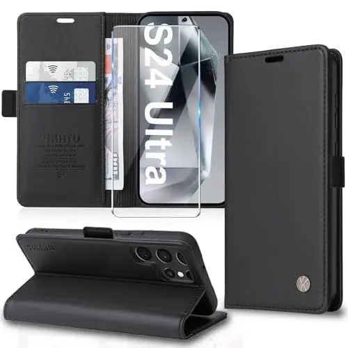 Produktbild: für Samsung Galaxy S24 Ultra Hülle mit S24 Ultra Schutzfolie Leder Klapphülle Handyhülle Samsung S24 Ultra Hülle Ständer Kartenfach Flip Case Klappbar Schutzhülle für Samsung S24 Ultra 5G (Black)