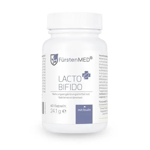 Produktbild: FürstenMED® Lacto-Bifido 17,4 Mrd KbE je Tagesdosis, 12 Darmbakterienstämme Lactobacillus + Bifidobakterien & Inulin, 60 magensaftresistente Kapseln, produziert in DE, Vegan & Ohne Zusatzstoffe